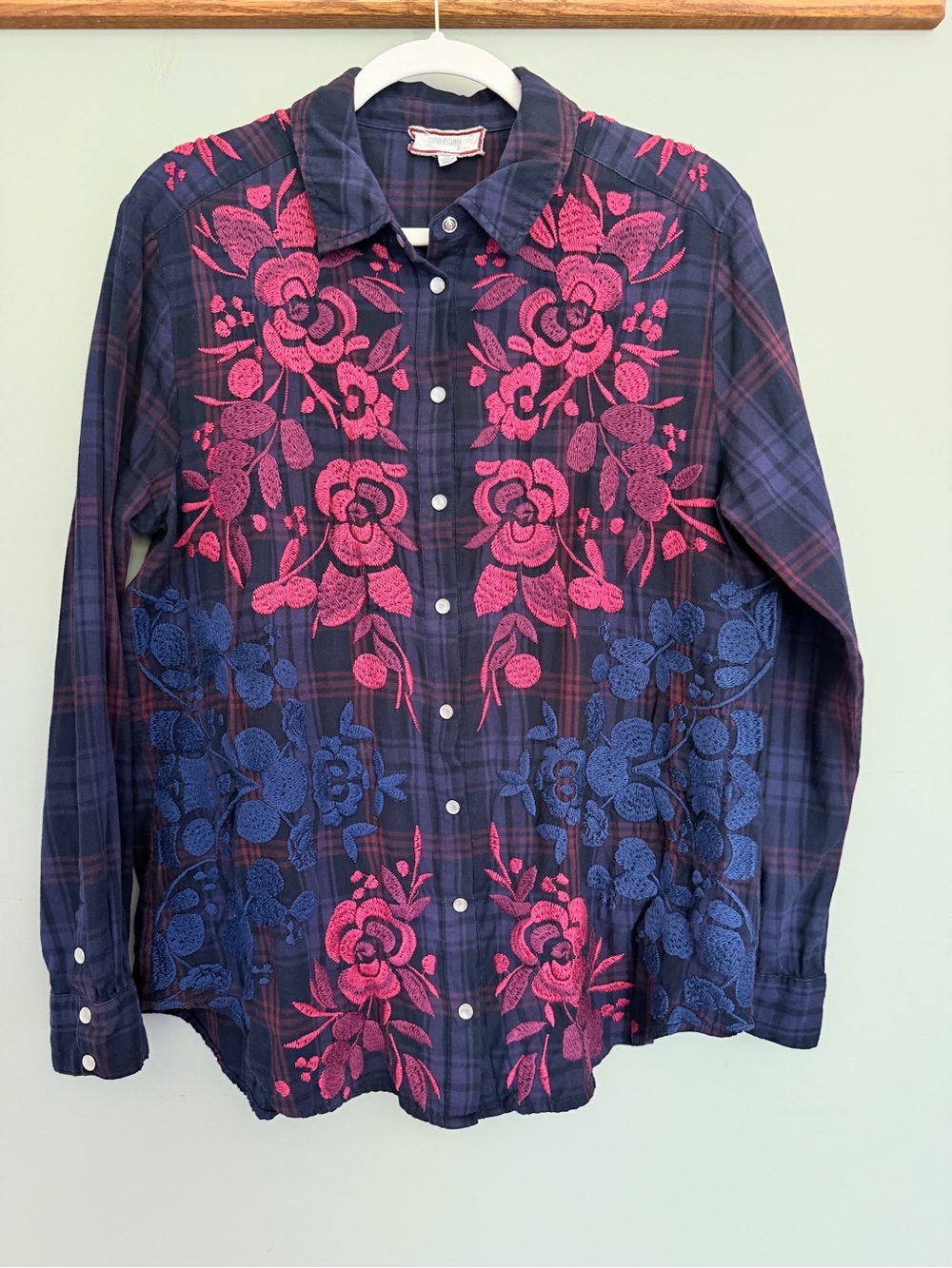 Johnny Was Navy Pink Floral Embroidered Plaid Snap Button Down Shirt